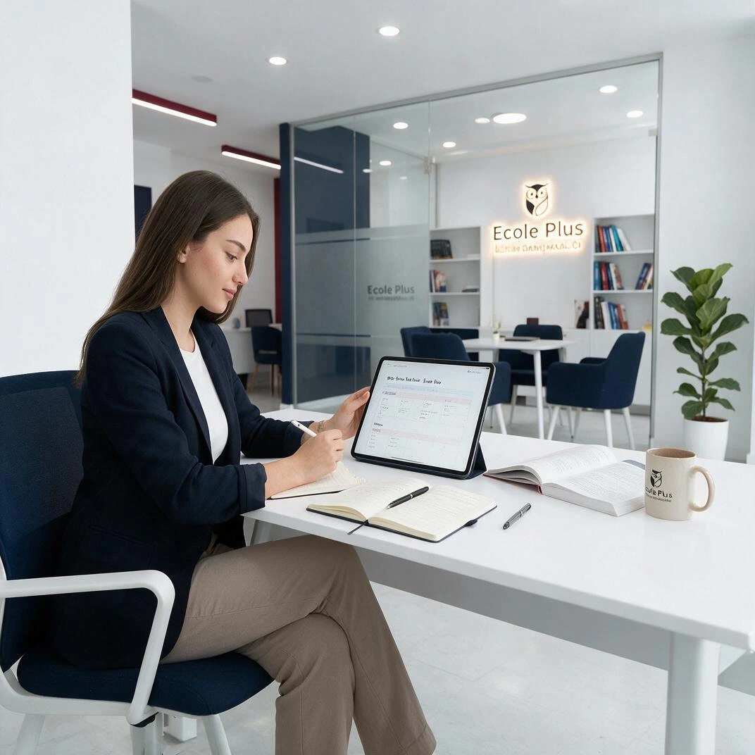 Modern bir eğitim ortamında tablet ve çalışma materyalleri ile odaklanmış bir öğrenci.