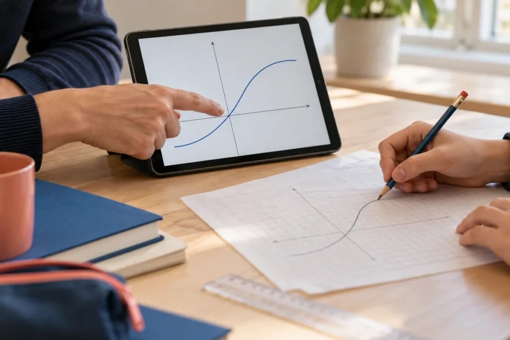 Birebir matematik dersinde öğretmenin tabletteki fonksiyon grafiğini açıkladığı ve öğrencinin grafiği defterine çizdiği çalışma ortamı