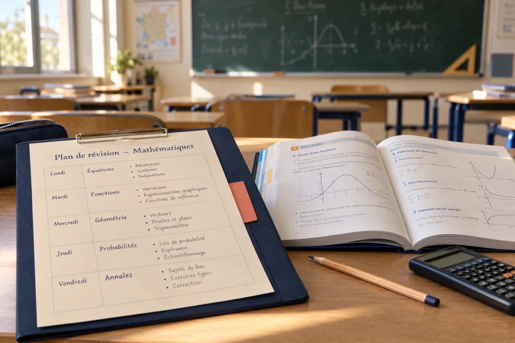 Fransızca matematik ders kitabı, fonksiyon grafikleri, hesap makinesi ve denklemler, geometri, olasılık konularını içeren haftalık çalışma planı
