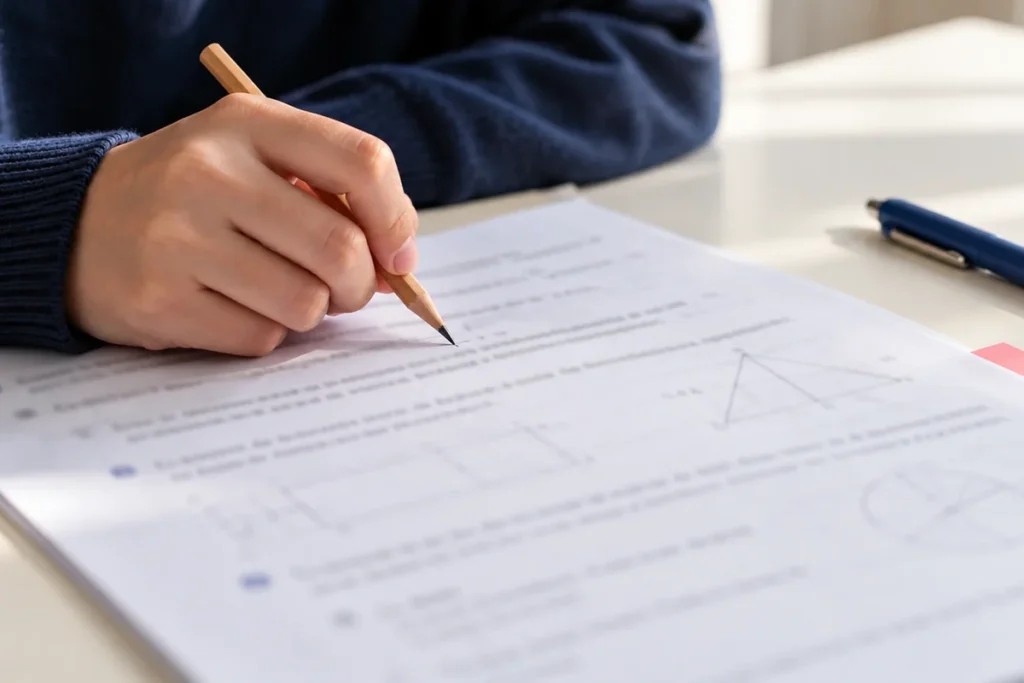Matematik çalışma kâğıdındaki yazılı soruları ve geometrik şekilleri inceleyerek kurşun kalemle çözüm yapan öğrenci