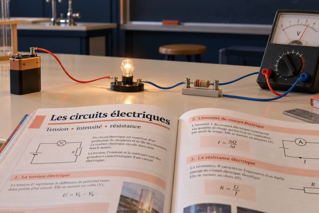 Fransızca elektrik devreleri ders kitabı önünde pil, yanan ampul, direnç ve ölçüm cihazından oluşan fizik deney düzeneği