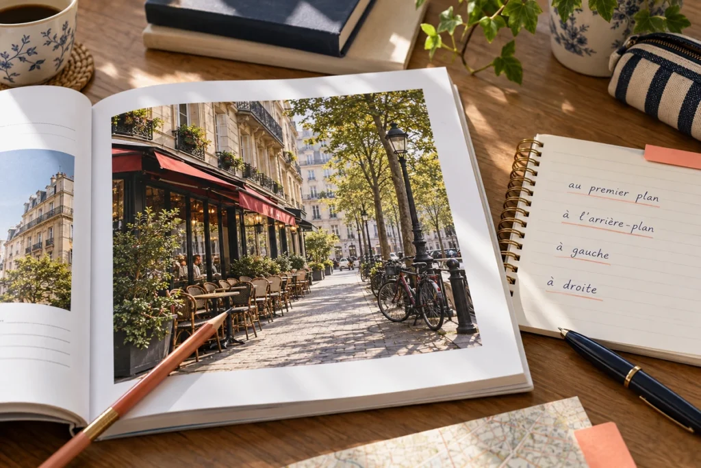 Paris sokaklarını gösteren bir fotoğraf ve Fransızca konum bildiren ifadelerin yazılı olduğu defterle görsel betimleme çalışması