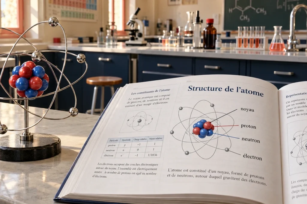 Fransızca atom yapısı ders kitabında noyau, proton, neutron ve électron terimleriyle açıklanan atom şeması ve üç boyutlu atom modeli