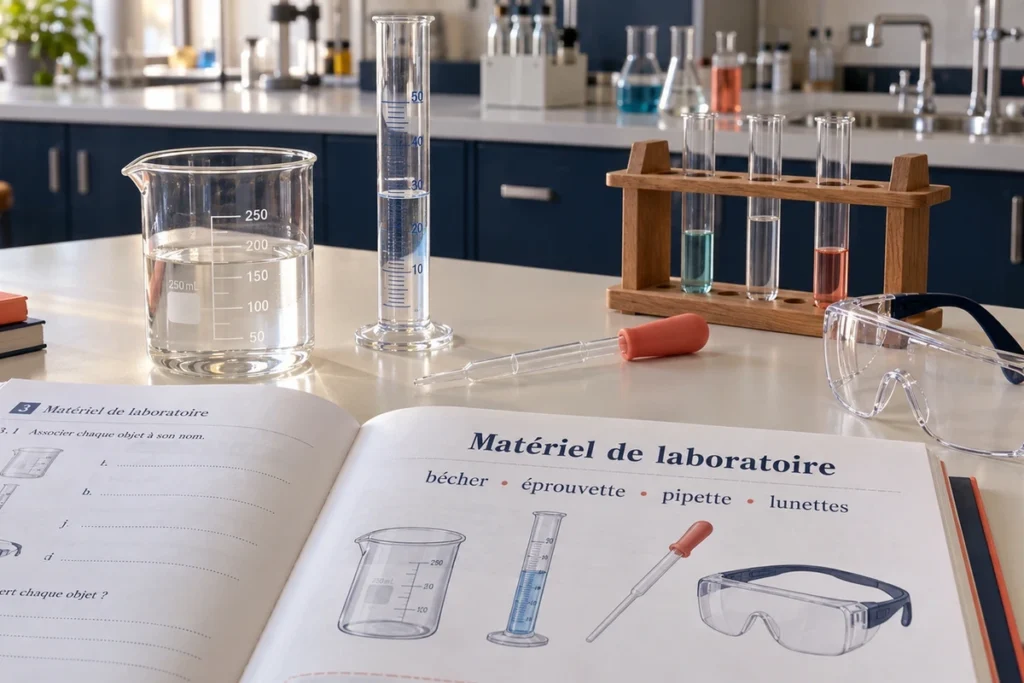 Fransızca laboratuvar malzemeleri kitabı yanında beher, dereceli silindir, pipet, deney tüpleri ve koruyucu gözlük
