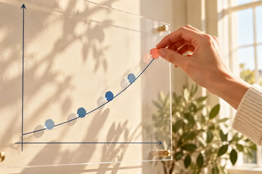Şeffaf pano üzerinde yükselen fonksiyon grafiğine renkli noktalar yerleştiren el, matematikte grafik ve fonksiyonların görsel anlatımı