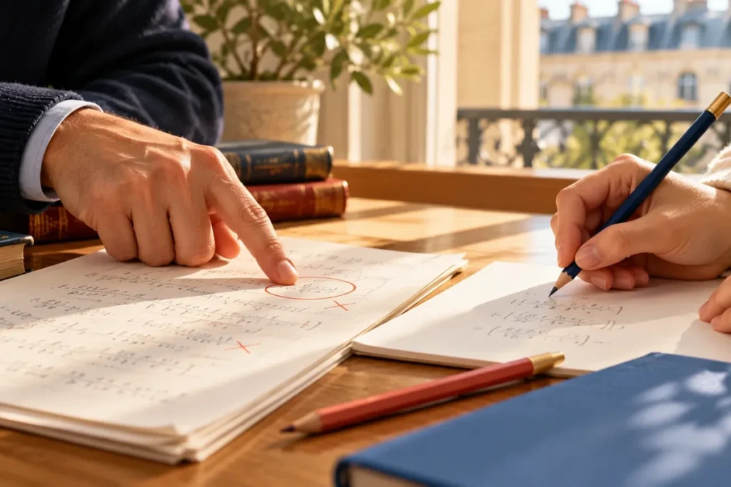 Matematik defterindeki kırmızı kalemle işaretlenmiş yanlışları inceleyen öğretmen ve çözüm üzerinde çalışan öğrenci