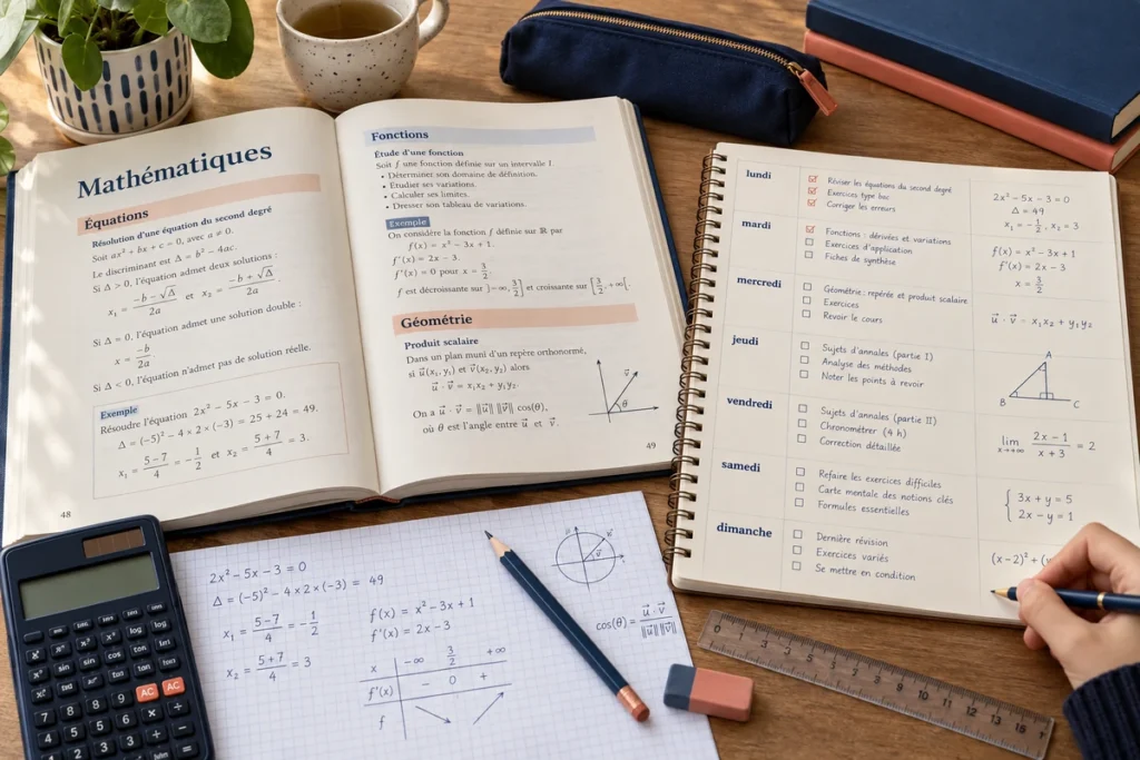 Fransızca matematik ders kitabı, çözülmüş denklemler, hesap makinesi ve haftanın yedi gününe ayrılmış sınav çalışma planı