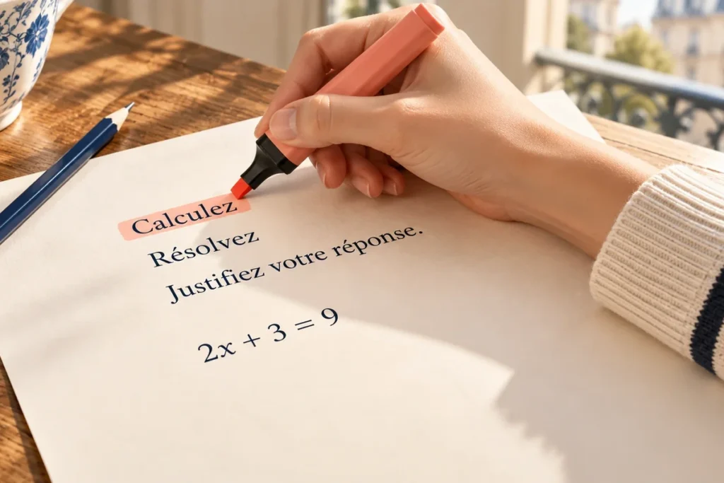Fransızca matematik sorularında kullanılan Calculez, Résolvez ve Justifiez votre réponse yönergeleri ile 2x + 3 = 9 denklemi