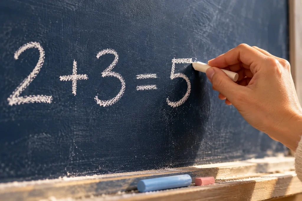 Kara tahtaya beyaz tebeşirle 2 + 3 = 5 toplama işlemini yazan el, temel matematik işlemlerinin öğrenimi.