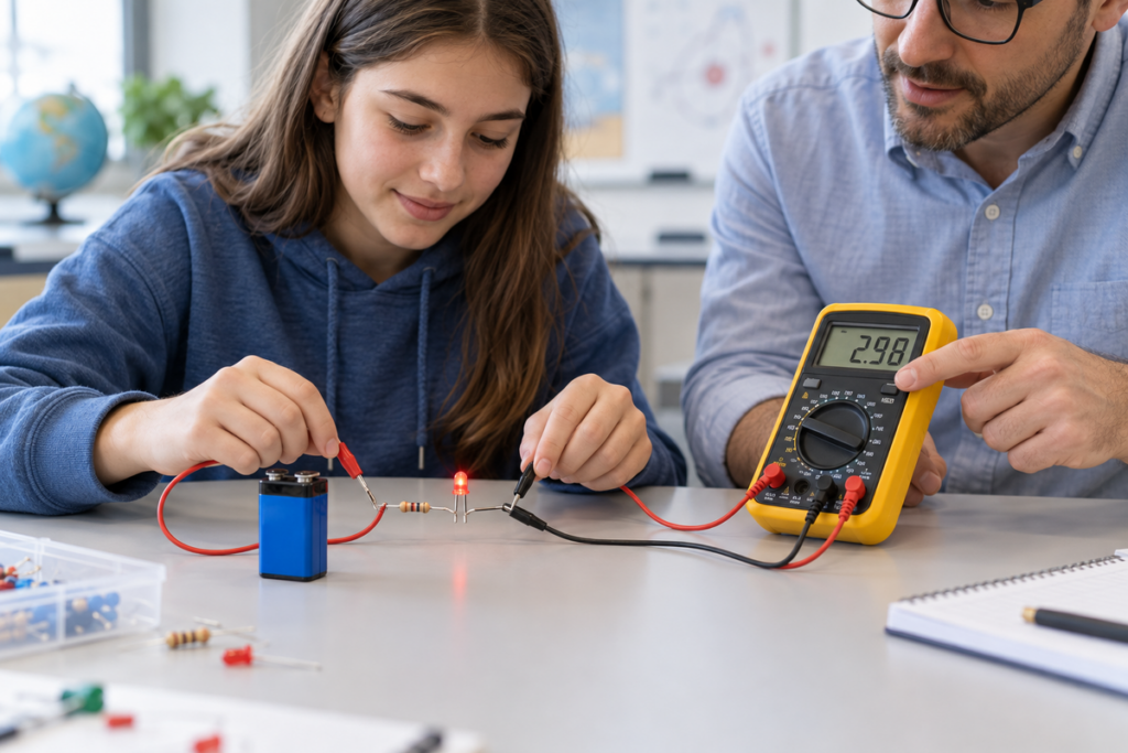 Öğrenci ve öğretmeni, düşük voltajlı elektrik devresini ölçüyor.